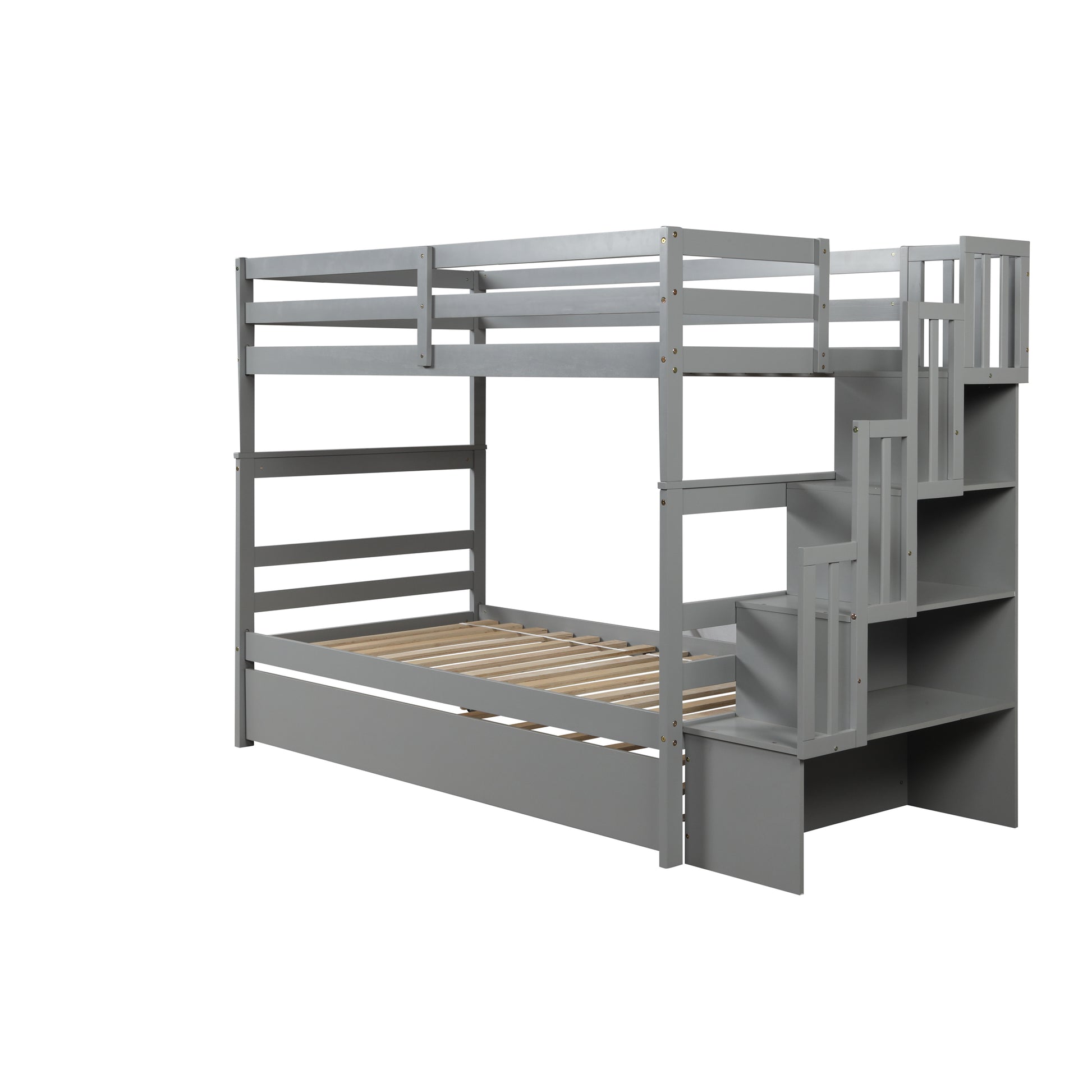 Twin Over Twin Bunk Beds With Twin Trundle And Stairway Storage Function In Grey Color Gray Pine