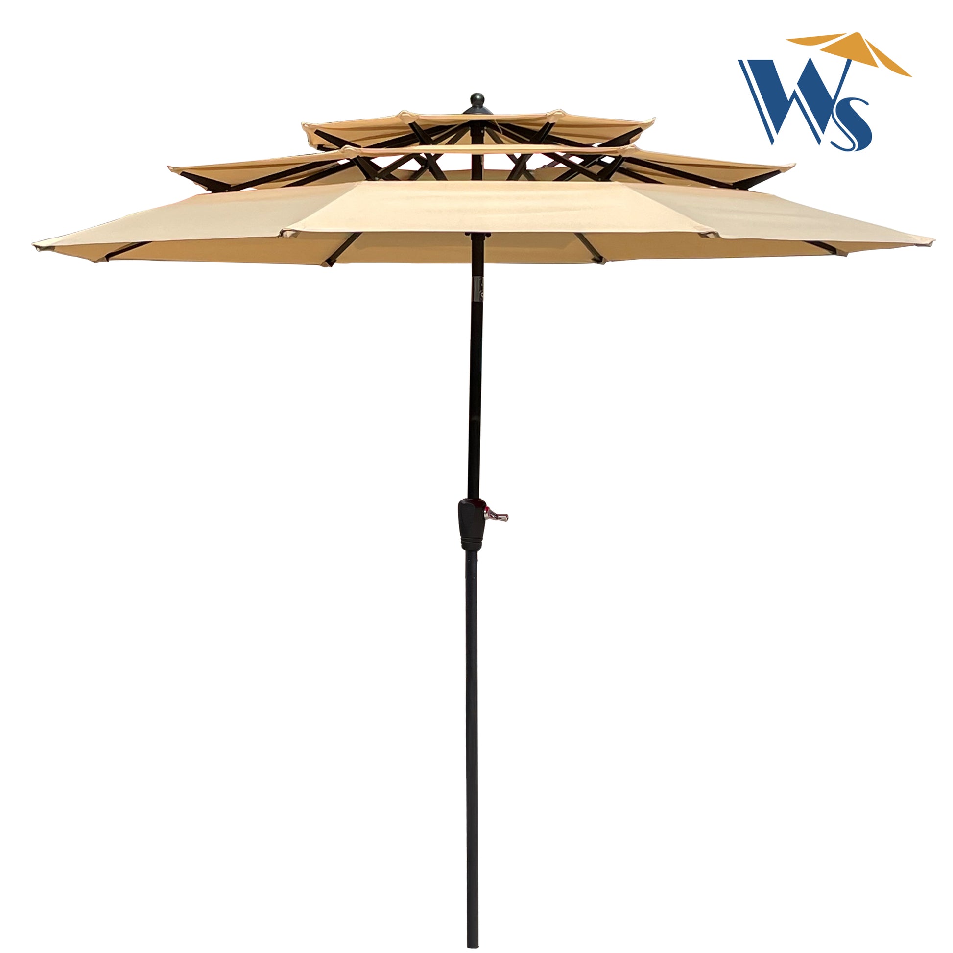 9Ft 3 Tiers Outdoor Patio Umbrella With Crank And Tilt And Wind Vents For Garden Deck Backyard Pool Shade Outside Deck Swimming Pool Tan Metal