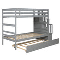 Twin Over Twin Bunk Beds With Twin Trundle And Stairway Storage Function In Grey Color Gray Pine