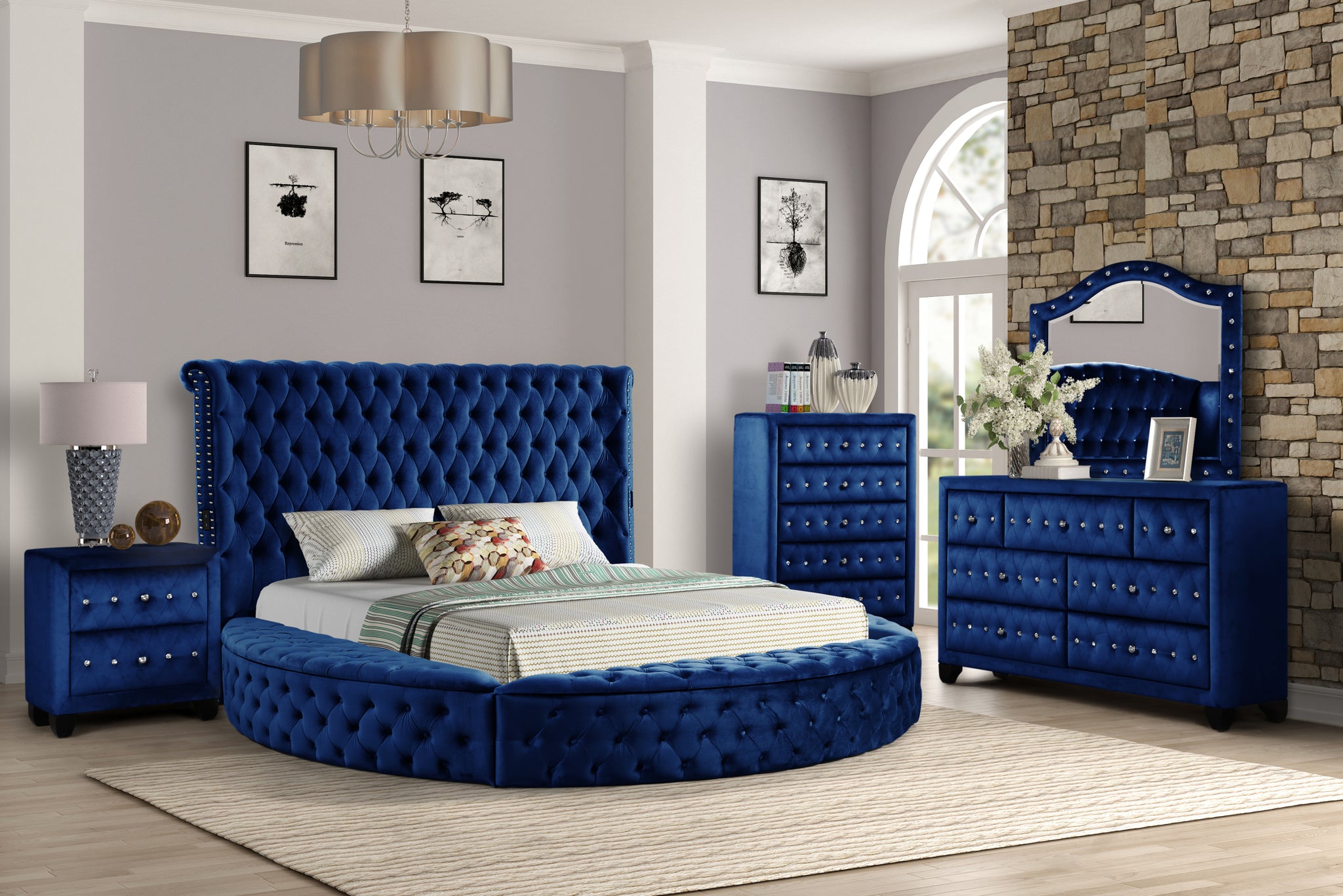 Hazel Queen 5 Pc Bedroom Set Made With Wood In Blue Color Box Spring Not Required Queen Blue Wood 5 Piece Set Bedroom Bed Included,Chest Included,Dresser Included,Mirror Included,Nightstand Included Contemporary,Modern Solid Wood Mdf Velvet Tufted Wood