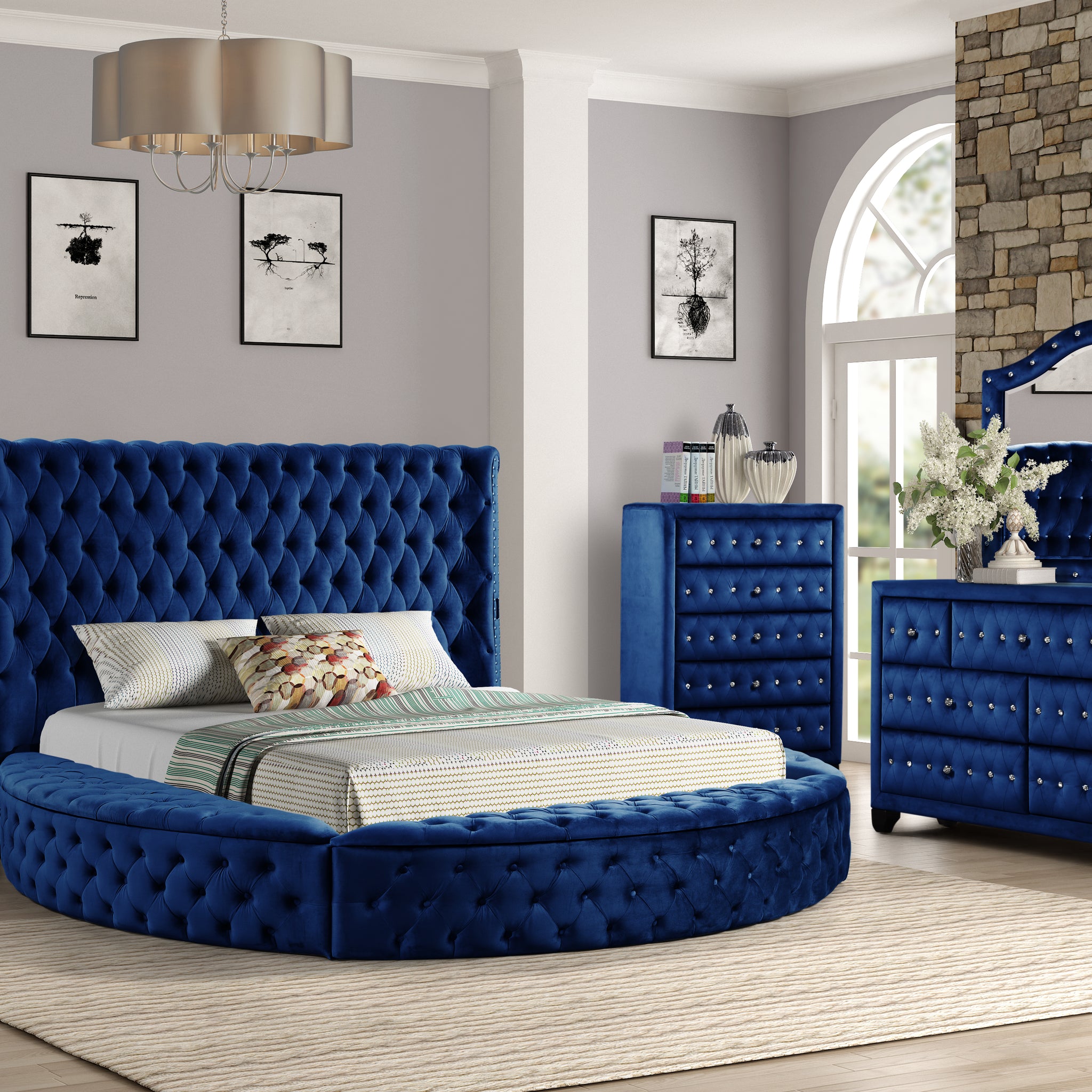 King 5 Pc Bedroom Set Made With Wood In Blue Color Box Spring Not Required King Blue Wood 5 Piece Set Bedroom Bed Included,Chest Included,Dresser Included,Mirror Included,Nightstand Included