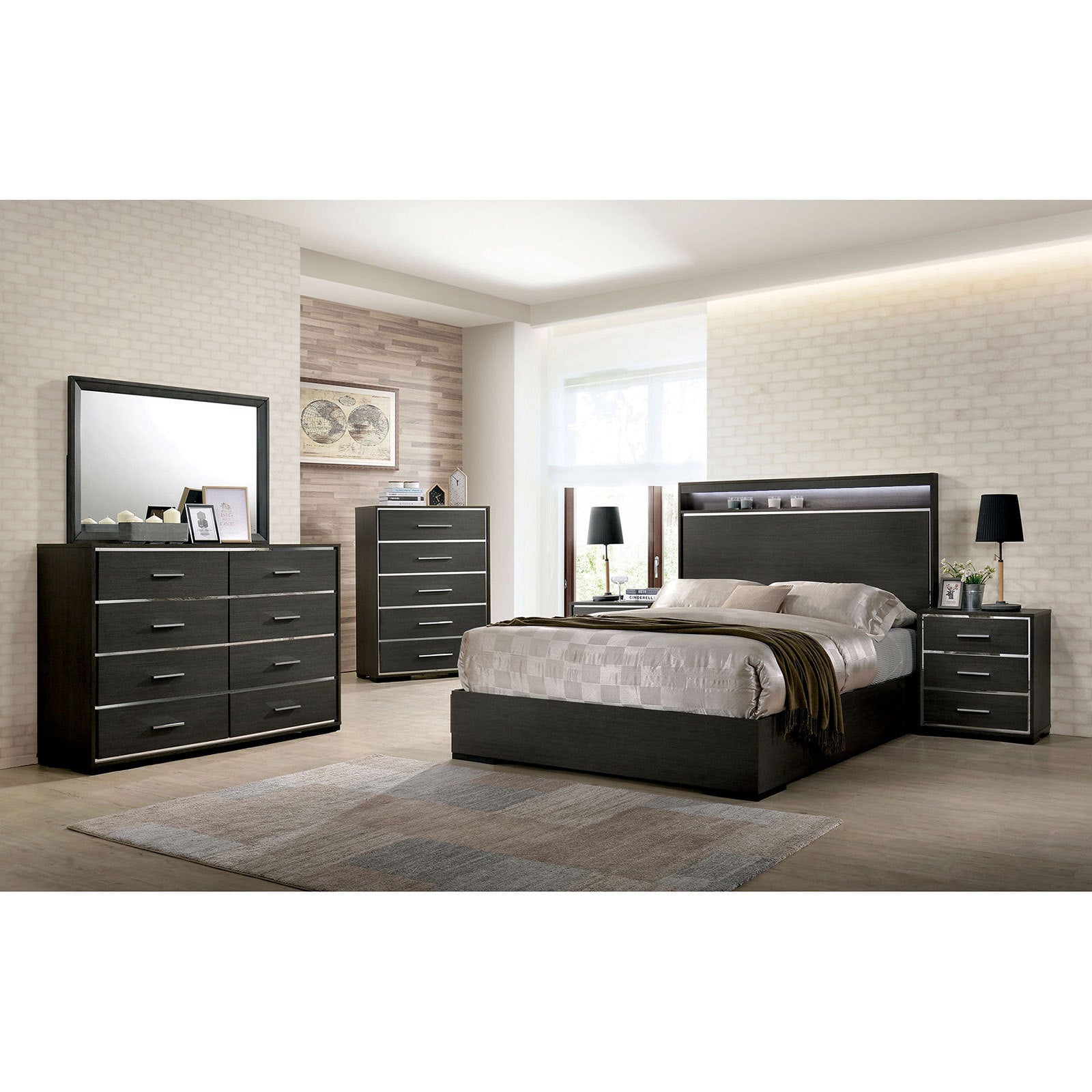 1X Nightstand Solid Wood Warm Gray Sleek Modern Lines Chrome Trim Insert Contemporary Bedroom Furniture Warm Grey Gray 3 Drawers Bedroom Bedside Cabinet Contemporary Rubberwood Usb Port Solid Wood