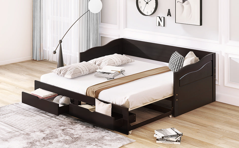 Wooden Daybed With Trundle Bed And Two Storage Drawersextendable Bed Daybed,Sofa Bed With Two Drawers, Espresso Espresso Solid Wood