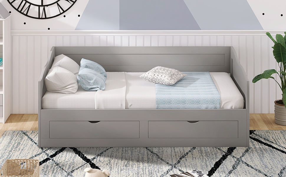 Wooden Daybed With Trundle Bed And Two Storage Drawersextendable Bed Daybed,Sofa Bed With Two Drawers, Gray Gray Solid Wood