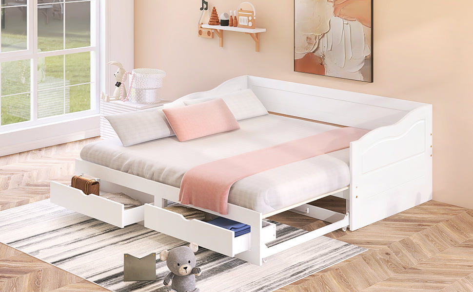 Wooden Daybed With Trundle Bed And Two Storage Drawersextendable Bed Daybed,Sofa Bed With Two Drawers, White White Solid Wood