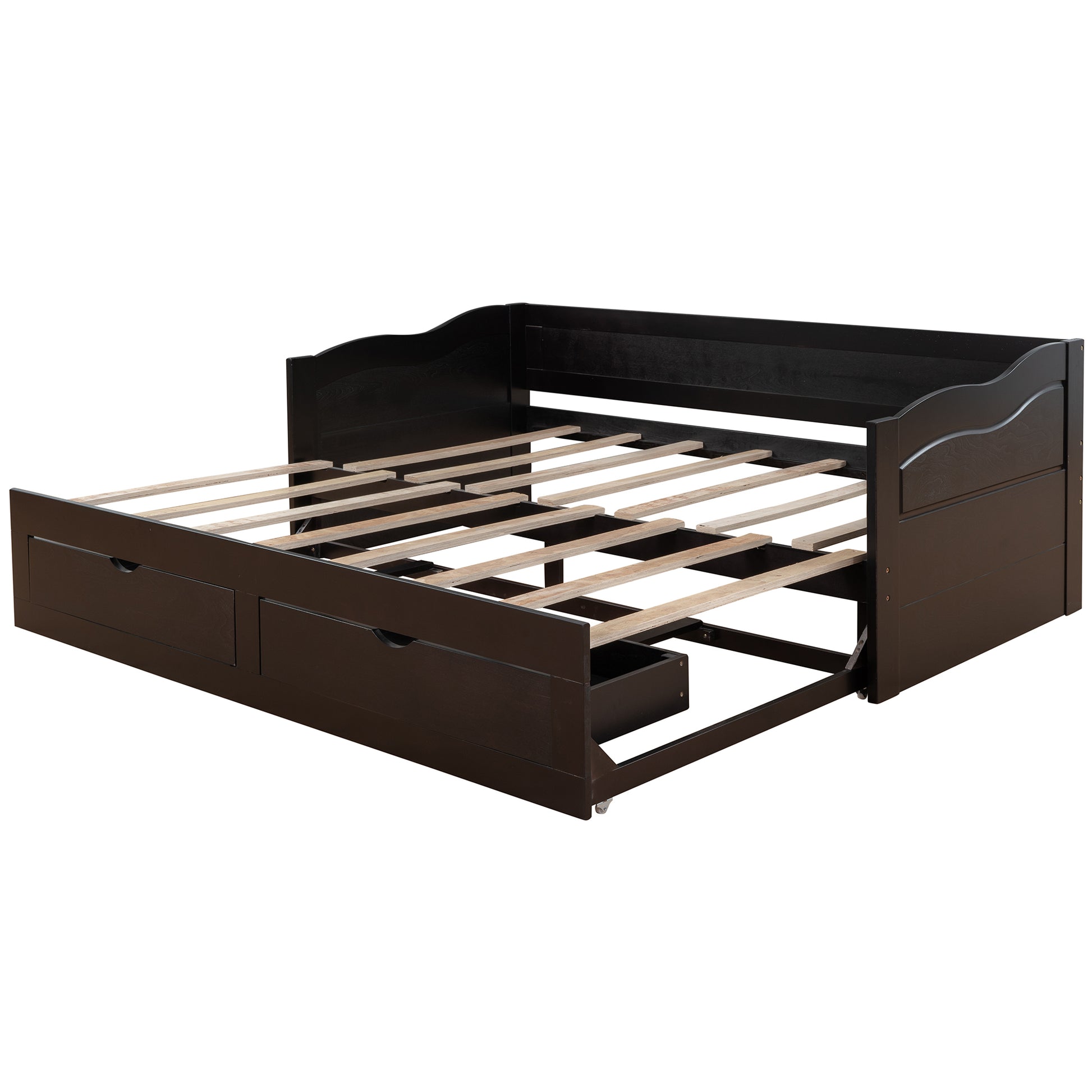 Wooden Daybed With Trundle Bed And Two Storage Drawersextendable Bed Daybed,Sofa Bed With Two Drawers, Espresso Espresso Solid Wood