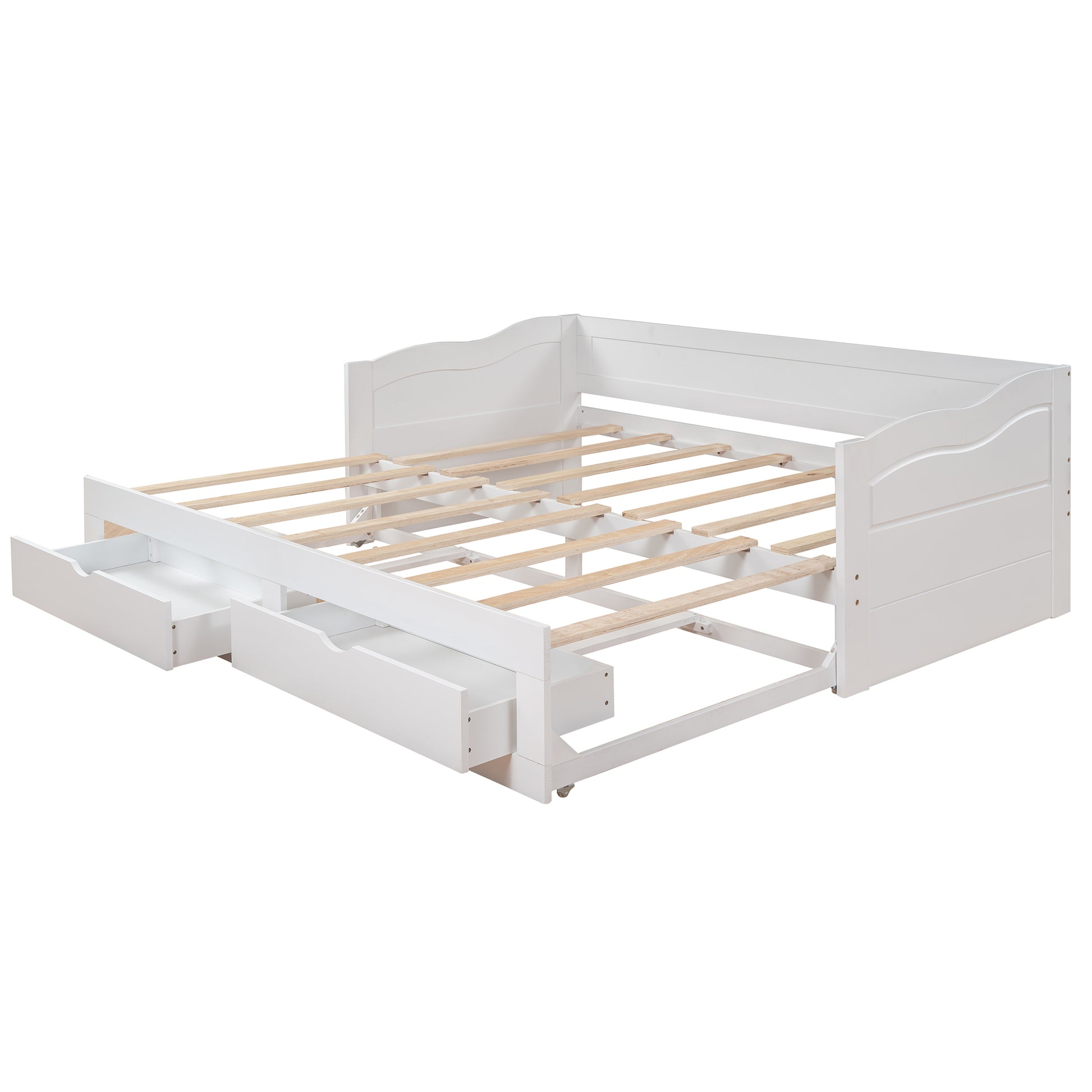 Wooden Daybed With Trundle Bed And Two Storage Drawersextendable Bed Daybed,Sofa Bed With Two Drawers, White White Solid Wood