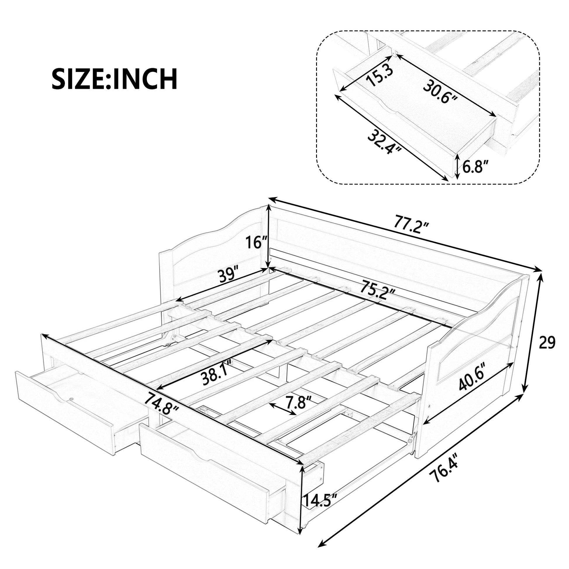 Wooden Daybed With Trundle Bed And Two Storage Drawersextendable Bed Daybed,Sofa Bed With Two Drawers, Gray Gray Solid Wood