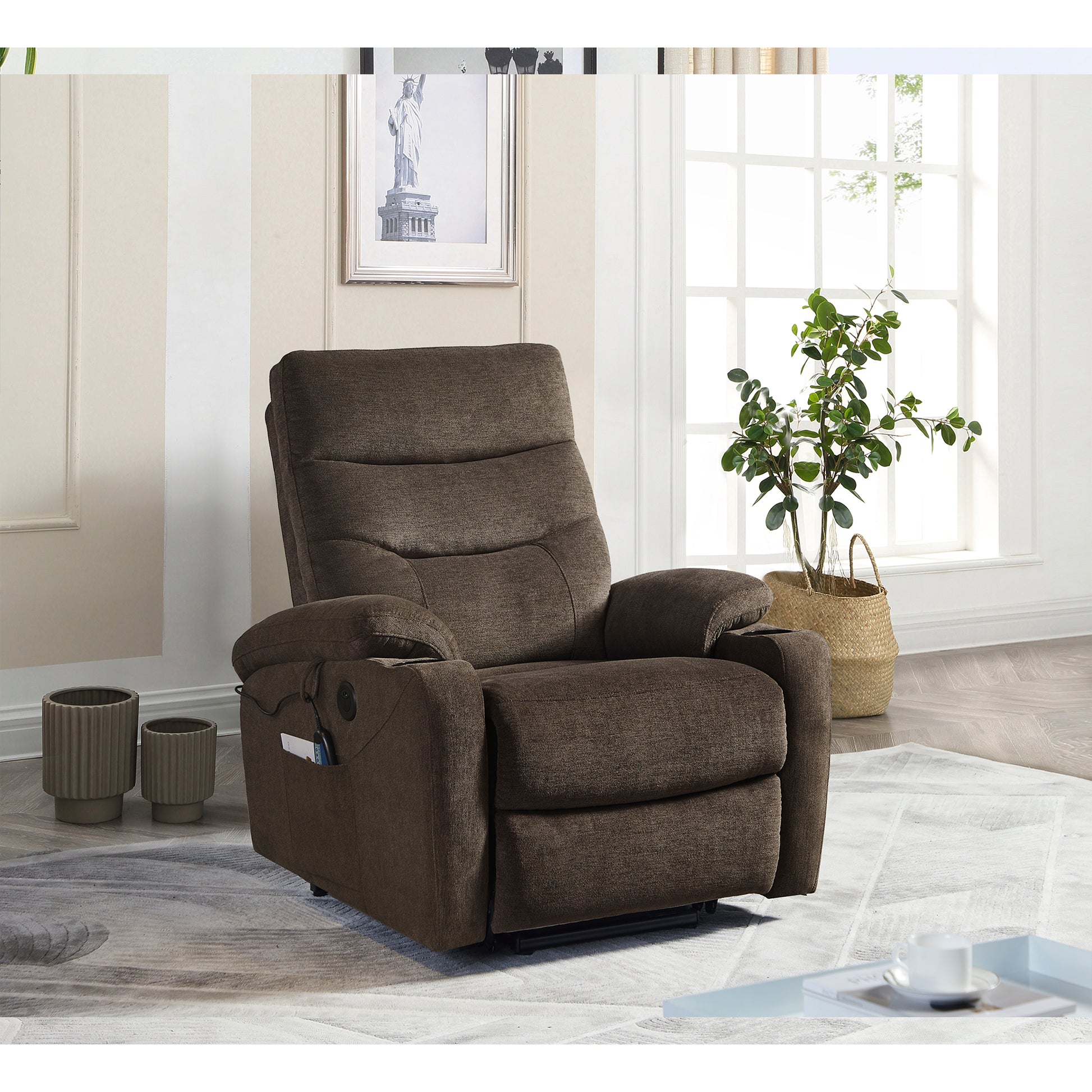 Liyasi Electric Power Lift Recliner Chair Sofa With Massage And Heat For Elderly, 3 Positions, 2 Side Pockets And Cup Holders, Usb Ports, High End Quality Fabric Dark Brown Foam Fabric