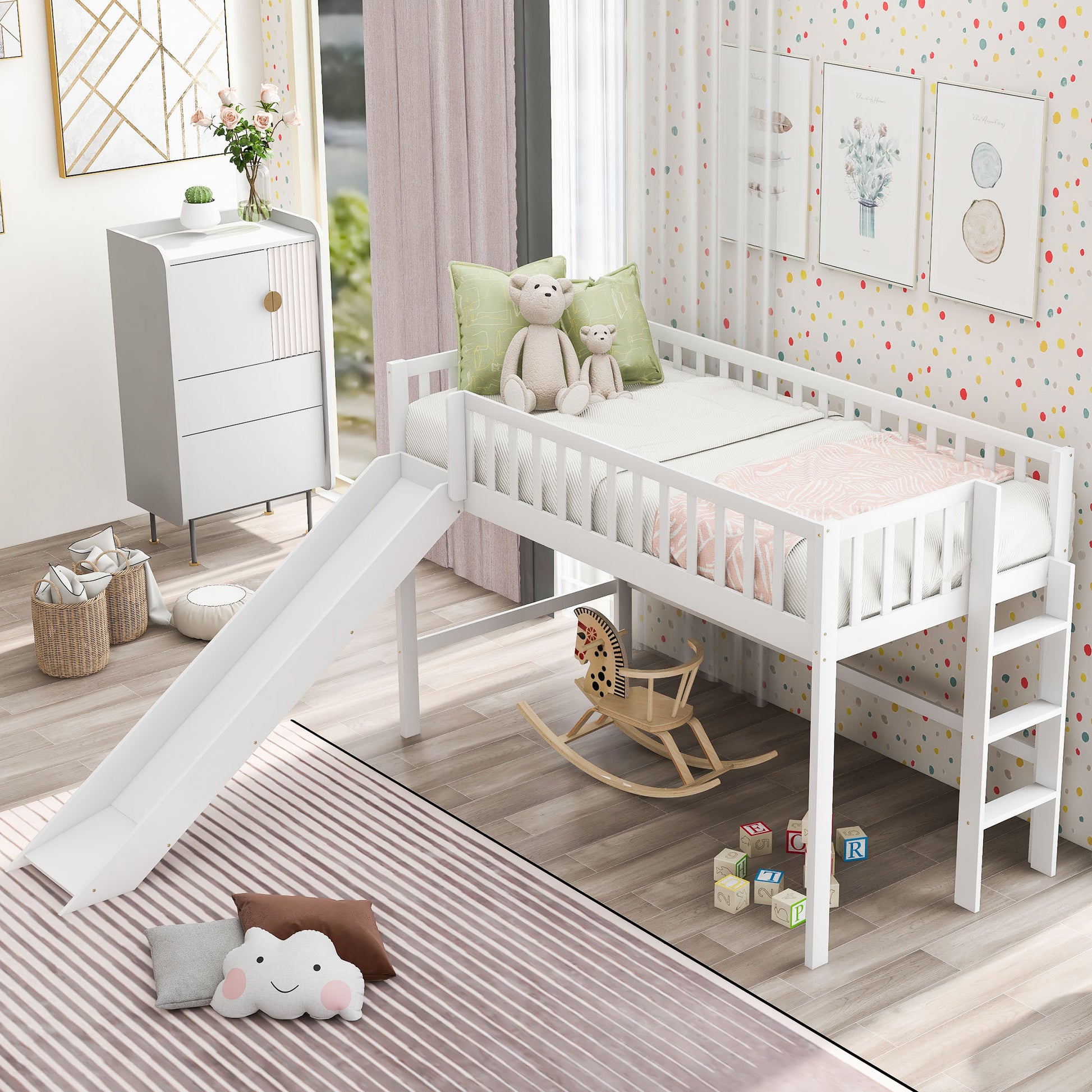 Twin Size Low Loft Bed With Ladder And Slide,White Old Sku:Wf196418Aak White Pine