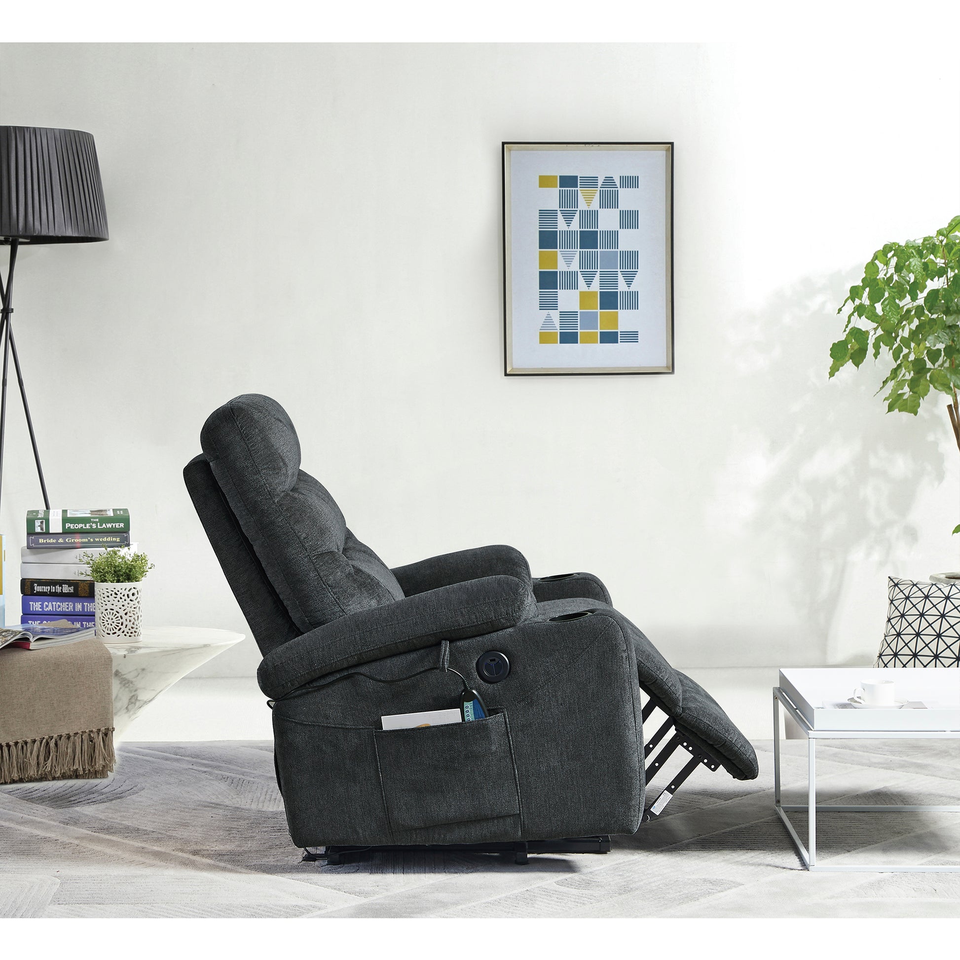 Liyasi Electric Power Lift Recliner Chair With Massage And Heat For Elderly, 3 Positions, 2 Side Pockets, Cup Holders, Usb Charge Ports, High End Quality Cloth Power Reclining Chair For Living Room. Dark Gray Foam Fabric