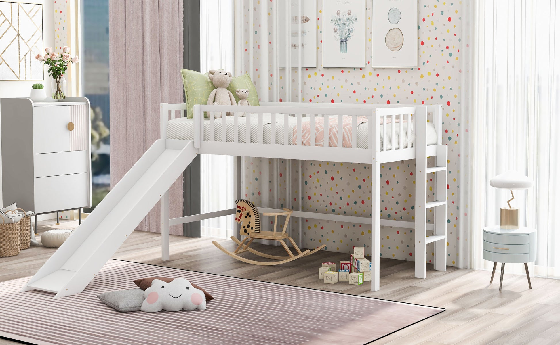 Twin Size Low Loft Bed With Ladder And Slide,White Old Sku:Wf196418Aak White Pine