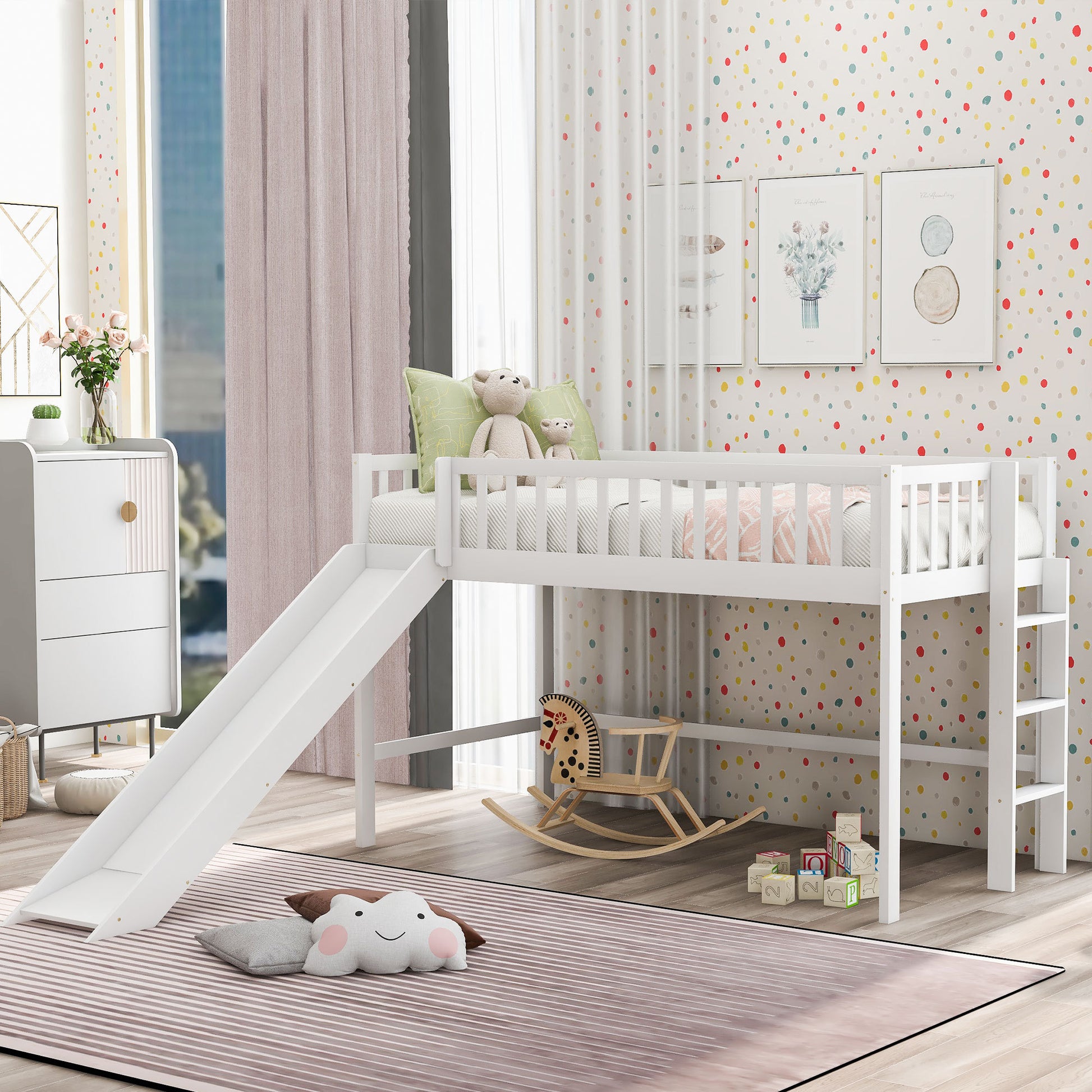 Twin Size Low Loft Bed With Ladder And Slide,White Old Sku:Wf196418Aak White Pine