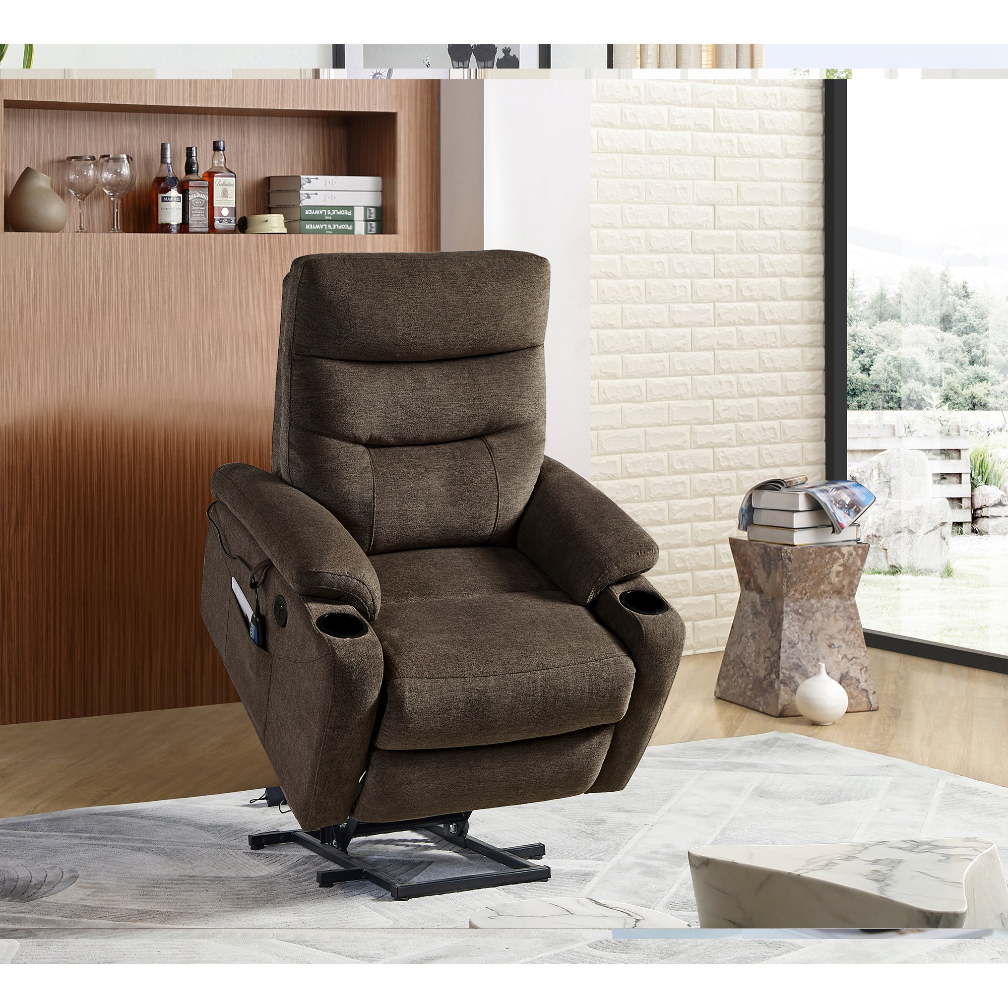 Liyasi Electric Power Lift Recliner Chair Sofa With Massage And Heat For Elderly, 3 Positions, 2 Side Pockets And Cup Holders, Usb Ports, High End Quality Fabric Dark Brown Foam Fabric