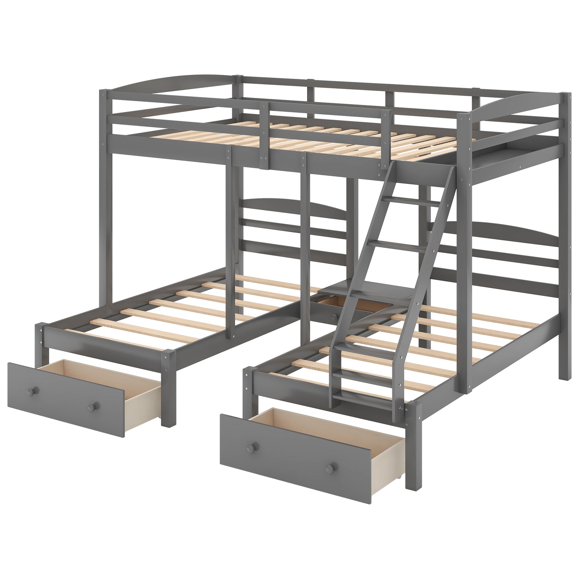 Full Over Twin & Twin Bunk Bed,Triple Bunk Bed With Drawers, Gray Gray Pine