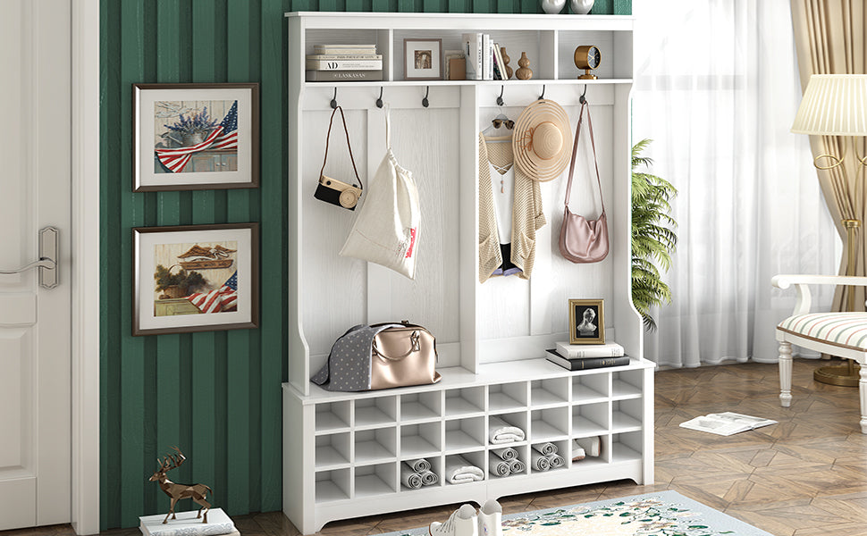 Modern Style Multiple Functions Hallway Coat Rack With Metal Black Hooks, Entryway Bench 60" Wide Hall Tree With Large Storage Space And 24 Shoe Cubbieswhite Old Sku: Wf286983Aak White Mdf