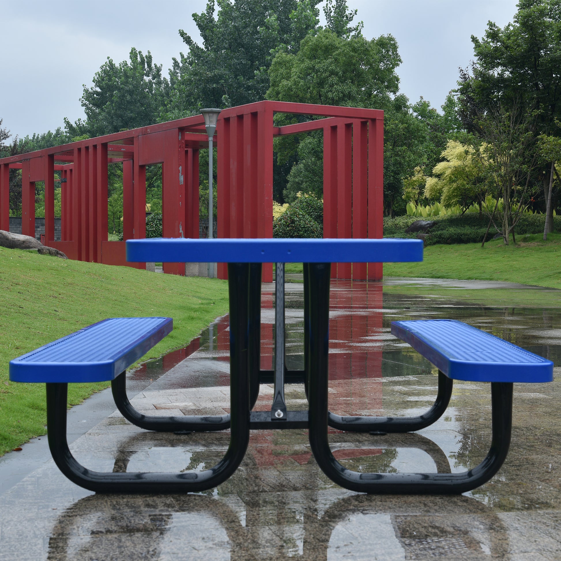 Square Outdoor Steel Picnic Table 46" Blue ,With Umbrella Pole Blue Steel Carbon Steel