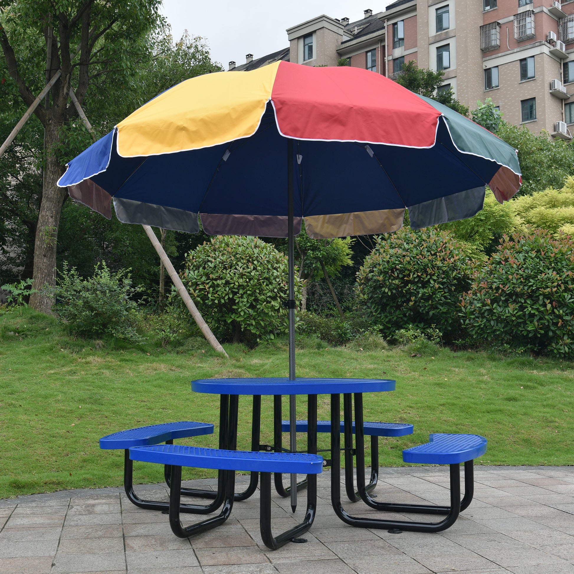 Round Outdoor Steel Picnic Table 46" Blue ,With Umbrella Pole Blue Carbon Steel