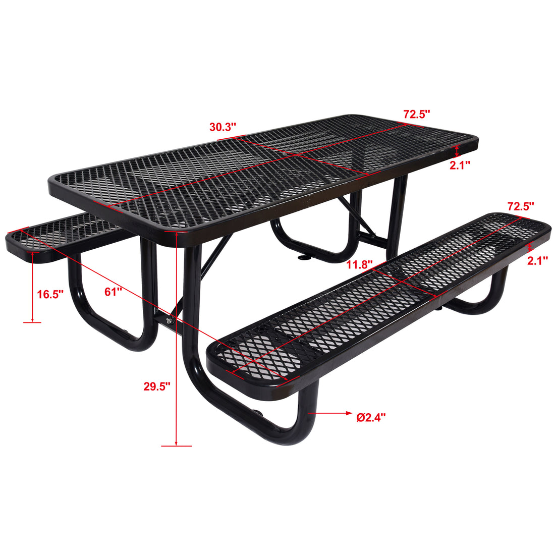 6 Ft. Rectangular Outdoor Steel Picnic Table ,Black With Umbrella Pole Blue Carbon Steel