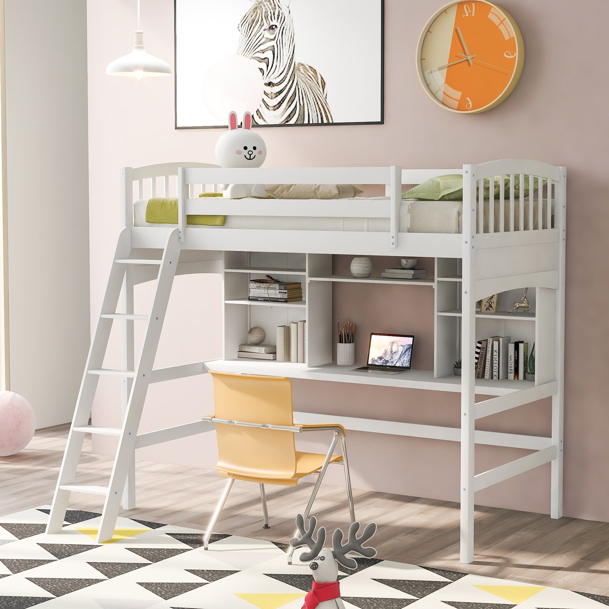 Twin Size Loft Bed With Storage Shelves, Desk And Ladder, White Old Sku :Lp000140Kaa Twin White Solid Wood