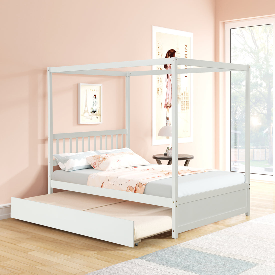 Full Size Canopy Bed With Twin Trundle, Kids Solid Wood Platform Bed Frame W Headboard, No Box Spring Needed White Color White Pine