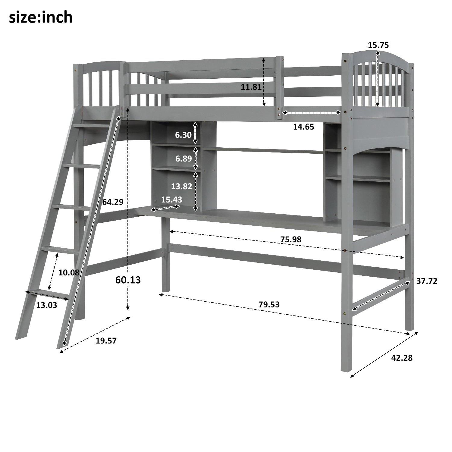 Twin Size Loft Bed With Storage Shelves, Desk And Ladder, Gray Old Sku :Lp000140Eaa Twin Gray Solid Wood