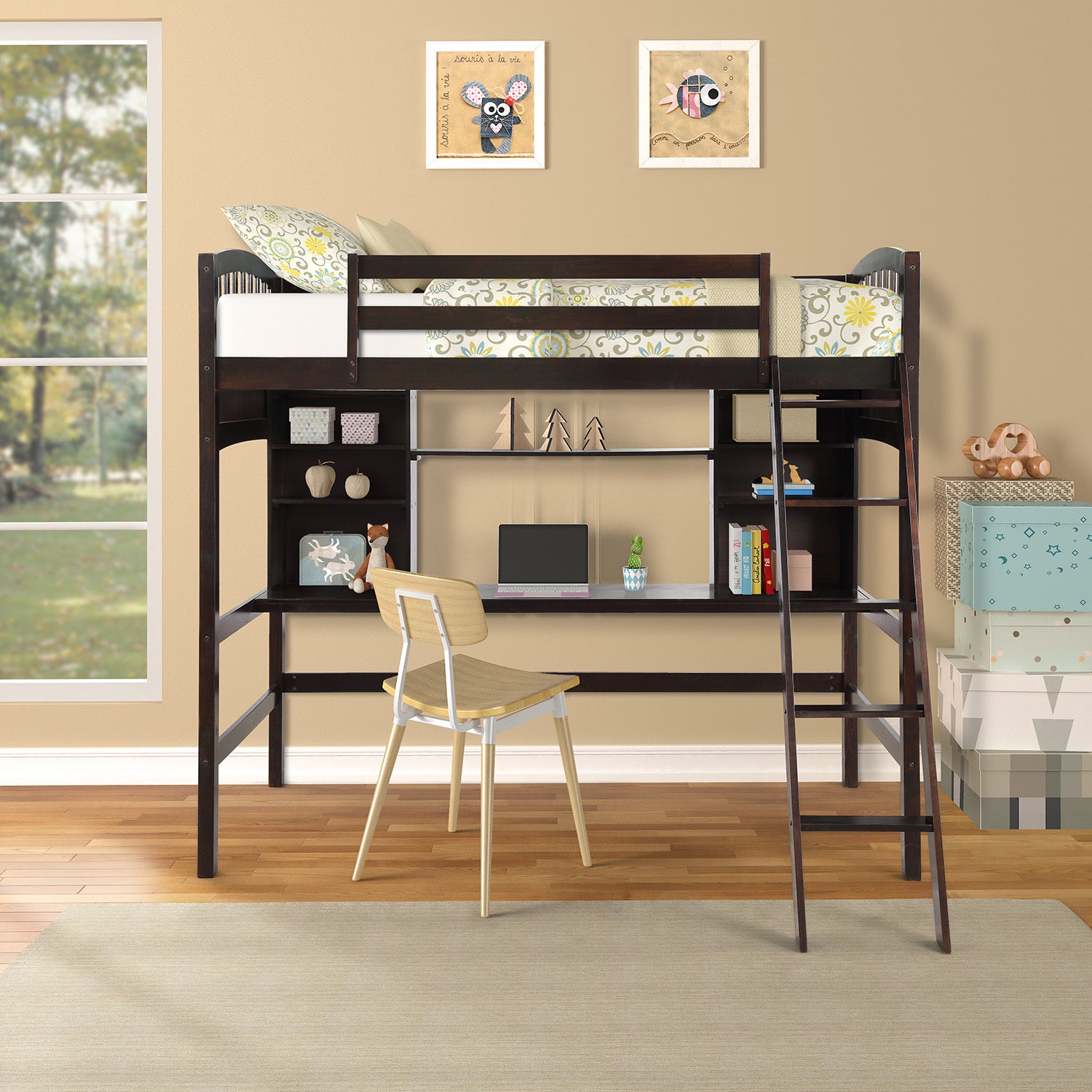 Twin Size Loft Bed With Storage Shelves, Desk And Ladder, Espresso Old Sku :Lp000140Paa Twin Espresso Solid Wood