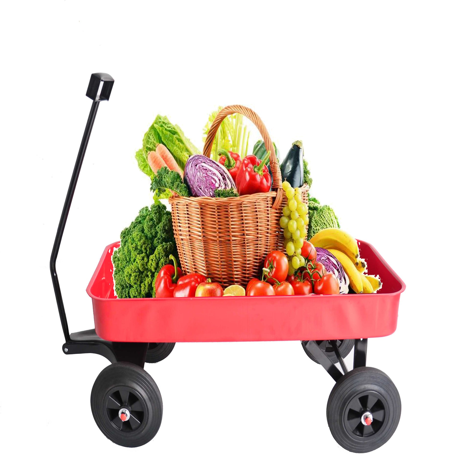 Garden Cart Reuniong Railing, Solid Wheels, All Terrain Cargo Wagon With 280Lbs Weight Capacity, Red Red Metal