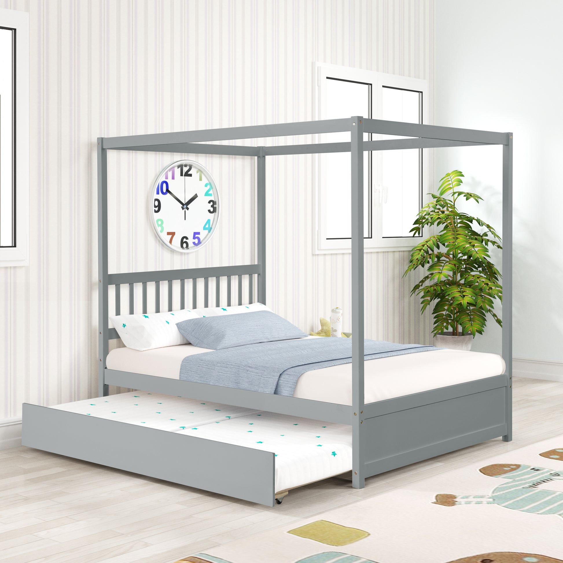 Full Size Canopy Bed With Twin Trundle, Kids Solid Wood Platform Bed Frame W Headboard, No Box Spring Needed Grey Color Grey Pine