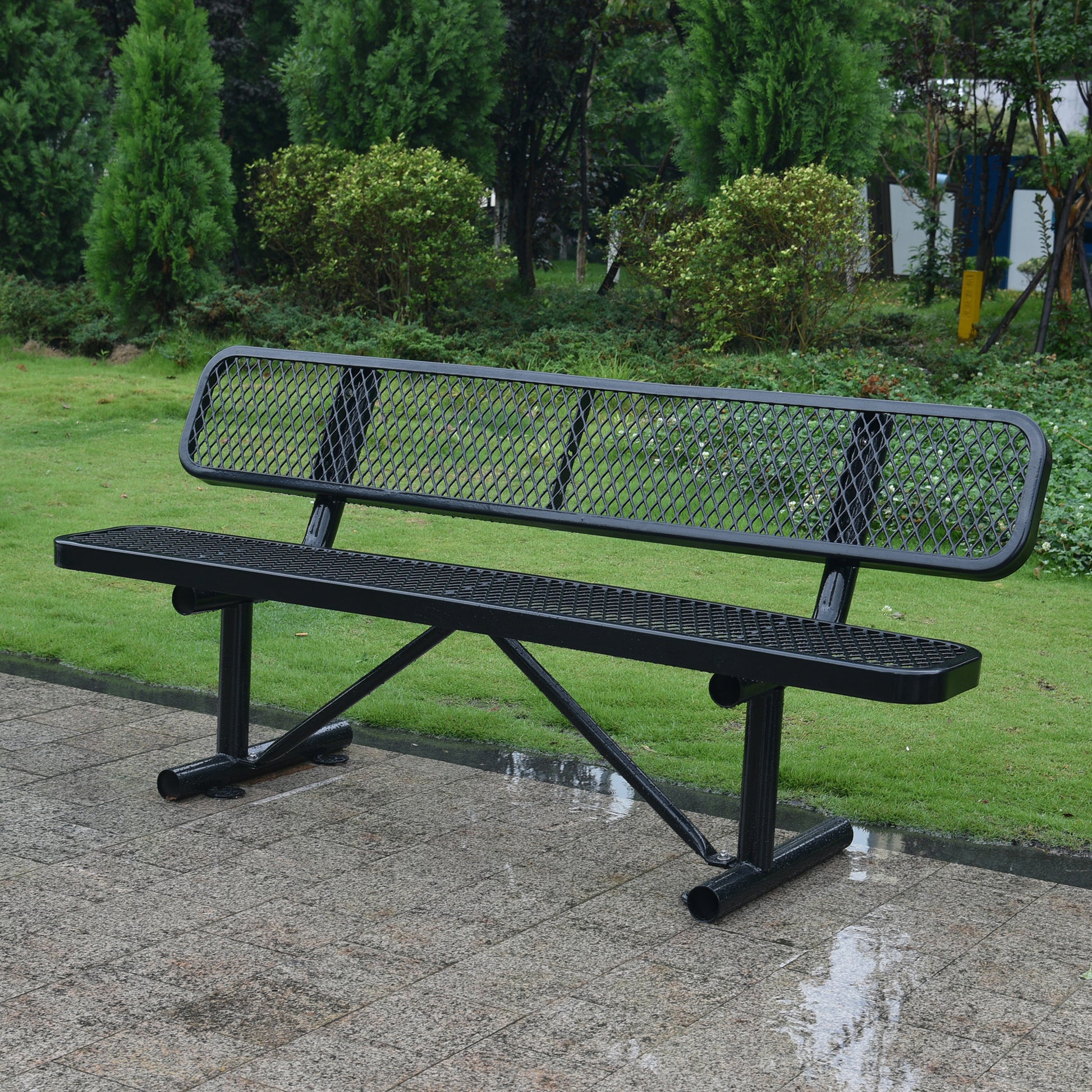 6 Ft. Outdoor Steel Bench With Backrest Black Black Carbon Steel