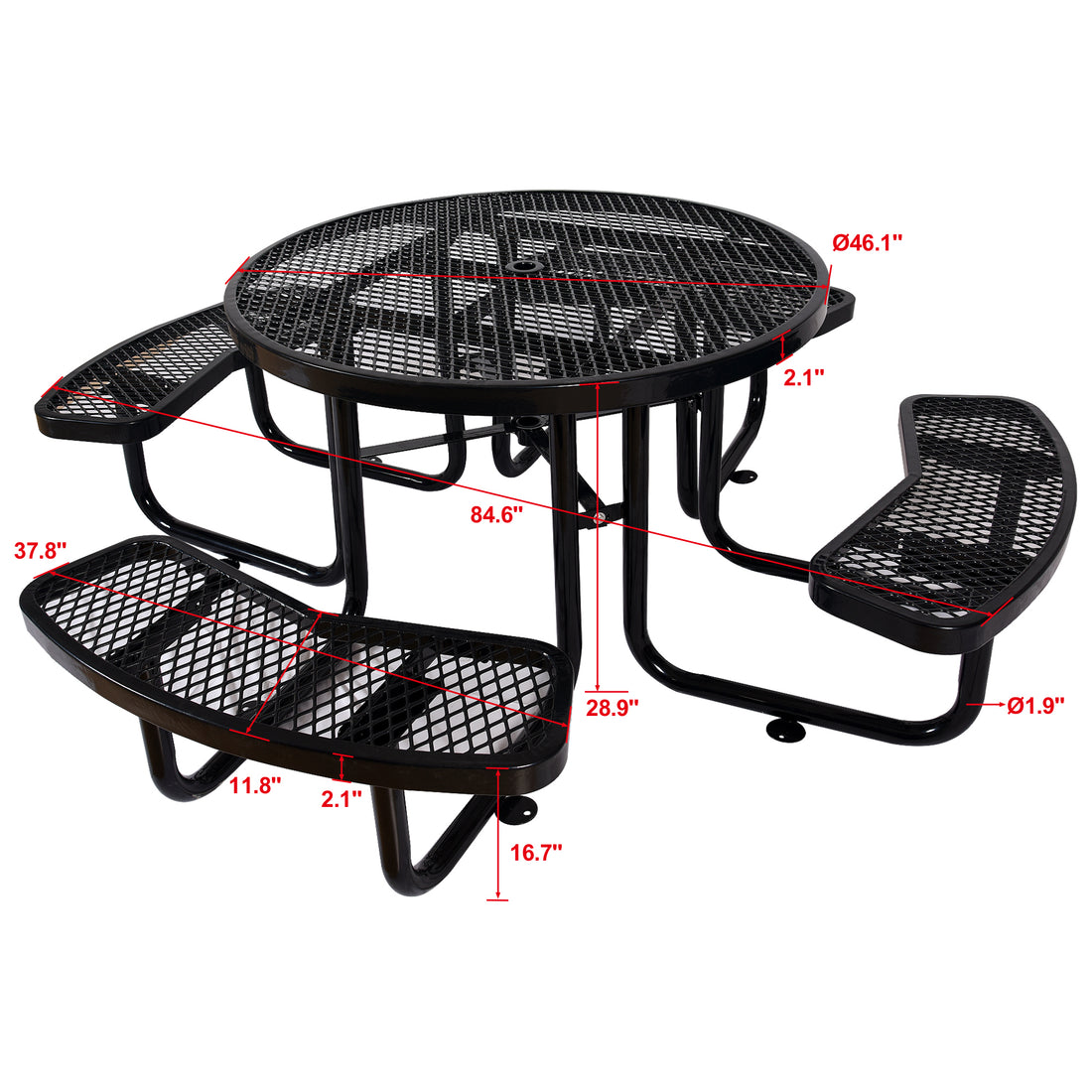 Round Outdoor Steel Picnic Table 46" Black ,With Umbrella Pole Black Carbon Steel