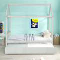 Solid Wood Twin House Bed Frame With Twin Size Trundle For White Color, No Box Spring Needed White Pine