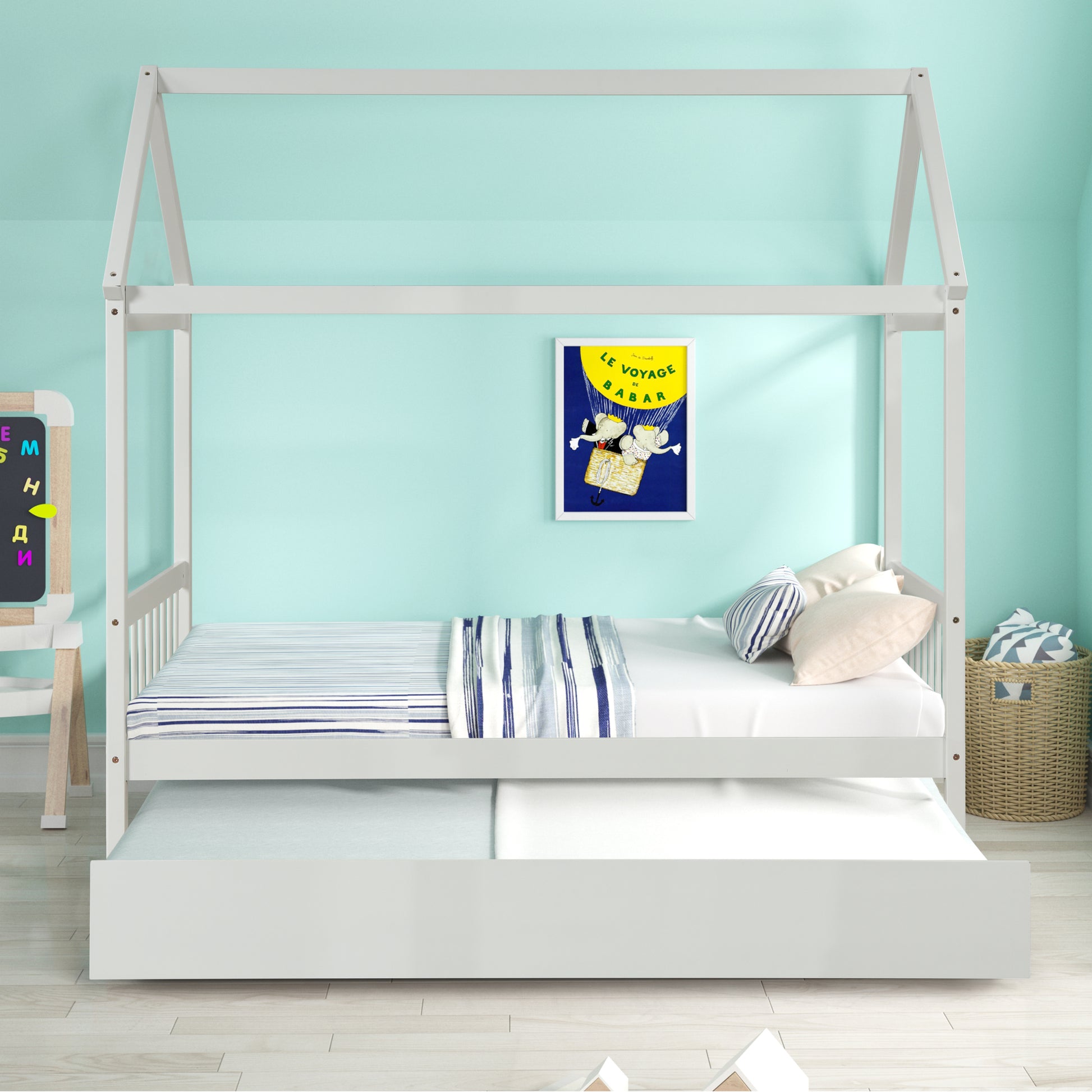 Solid Wood Twin House Bed Frame With Twin Size Trundle For White Color, No Box Spring Needed White Pine