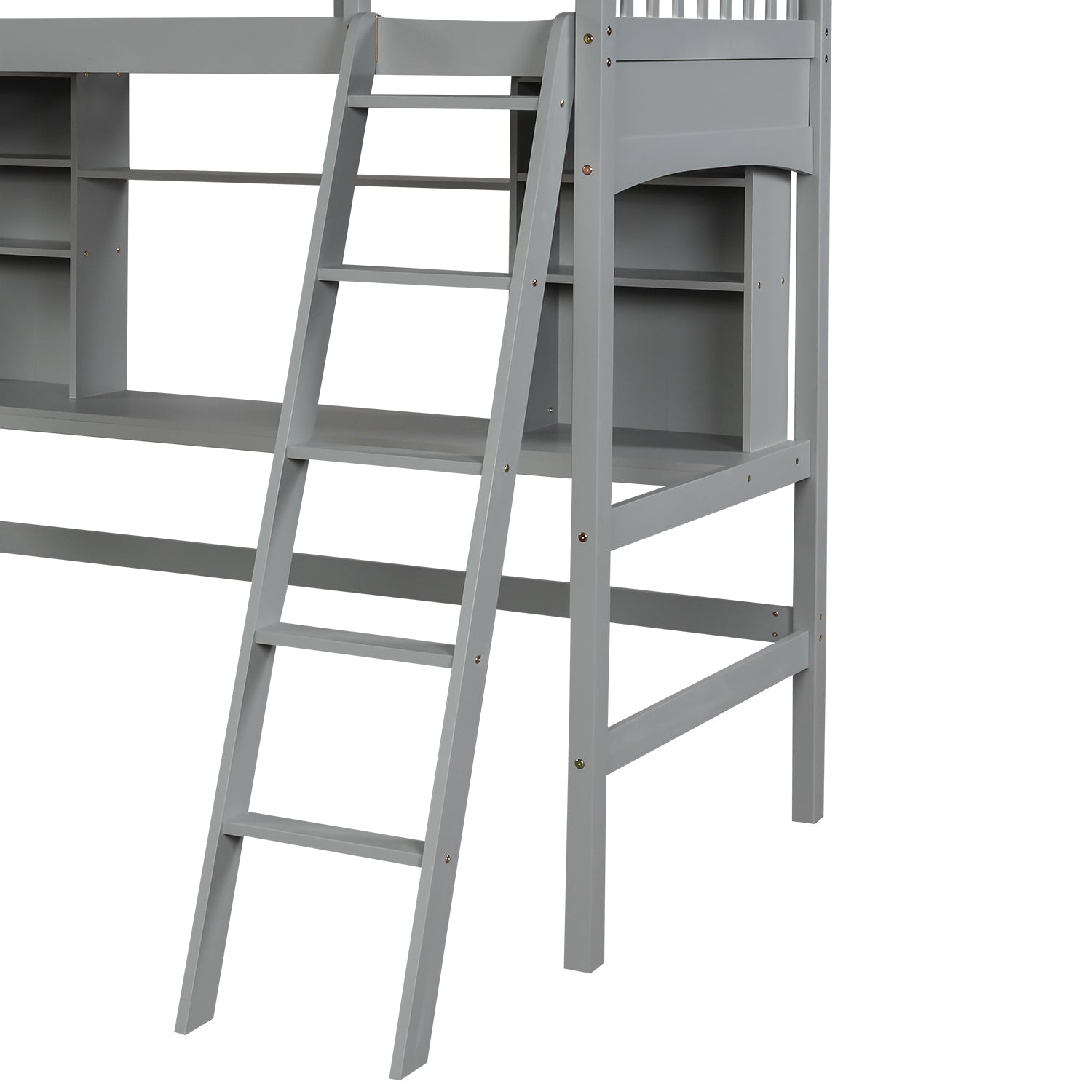 Twin Size Loft Bed With Storage Shelves, Desk And Ladder, Gray Old Sku :Lp000140Eaa Twin Gray Solid Wood