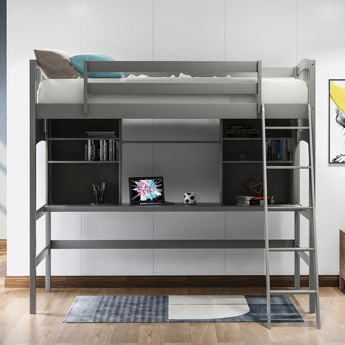 Twin Size Loft Bed With Storage Shelves, Desk And Ladder, Gray Old Sku :Lp000140Eaa Twin Gray Solid Wood