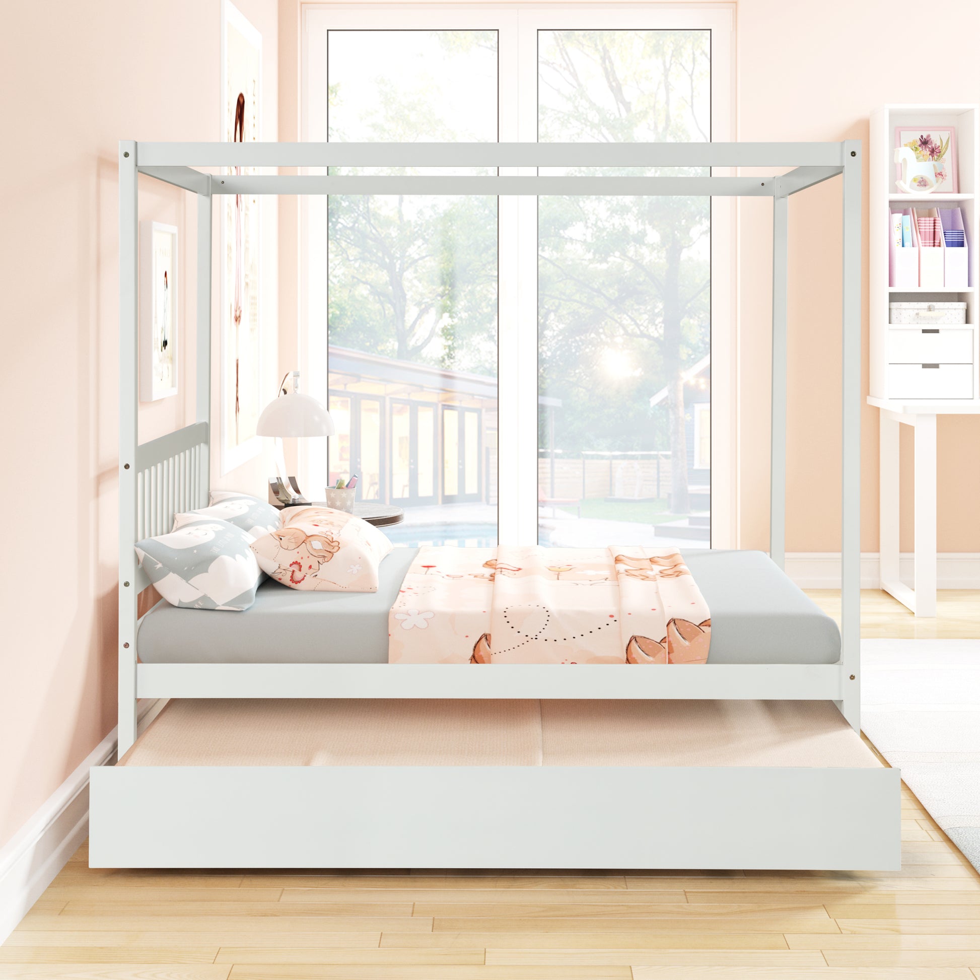 Full Size Canopy Bed With Twin Trundle, Kids Solid Wood Platform Bed Frame W Headboard, No Box Spring Needed White Color White Pine