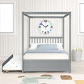 Full Size Canopy Bed With Twin Trundle, Kids Solid Wood Platform Bed Frame W Headboard, No Box Spring Needed Grey Color Grey Pine