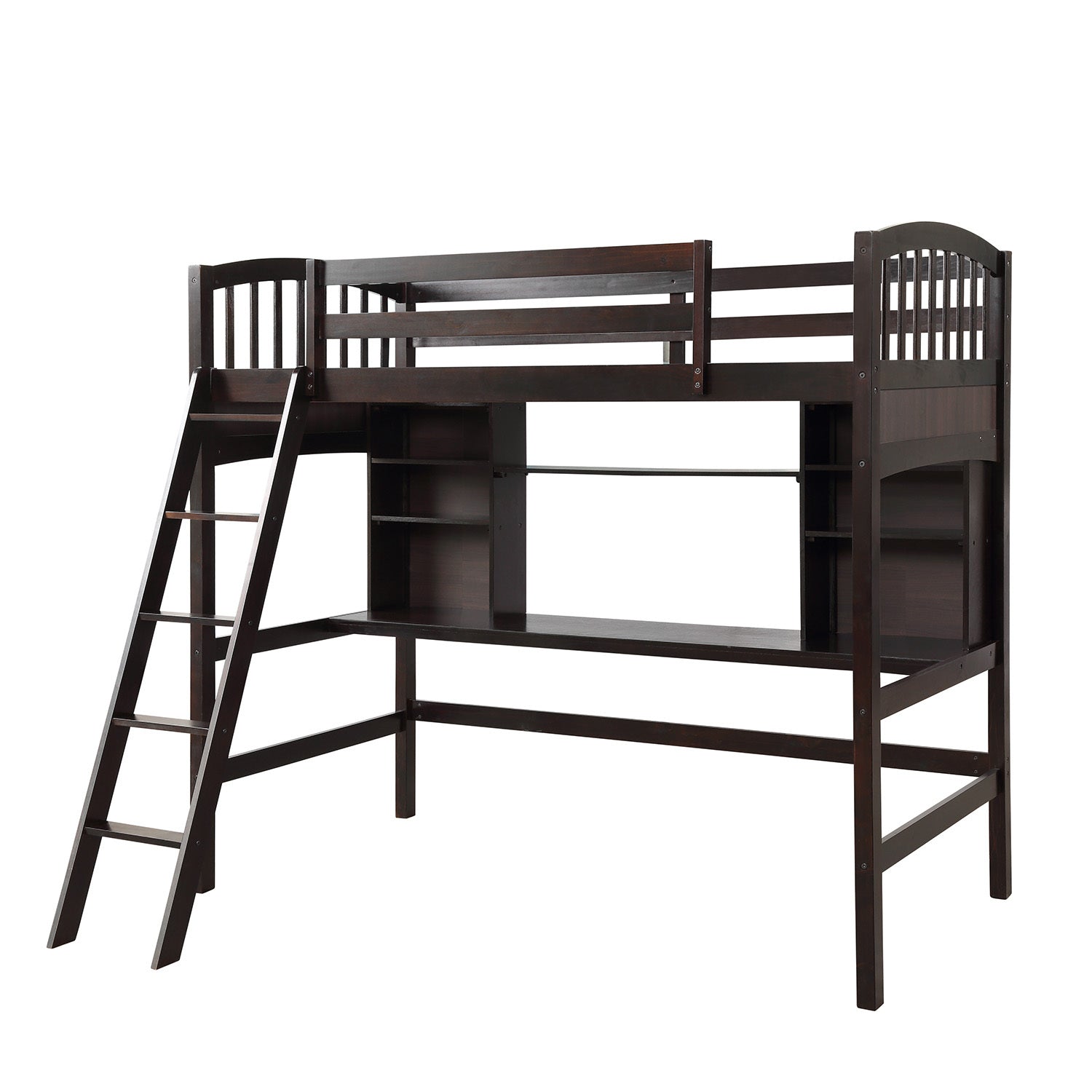 Twin Size Loft Bed With Storage Shelves, Desk And Ladder, Espresso Old Sku :Lp000140Paa Twin Espresso Solid Wood