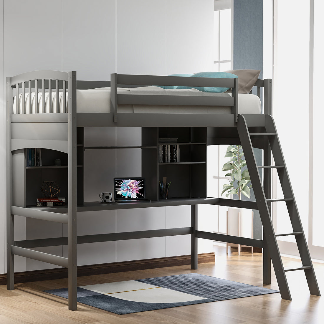 Twin Size Loft Bed With Storage Shelves, Desk And Ladder, Gray Old Sku :Lp000140Eaa Twin Gray Solid Wood