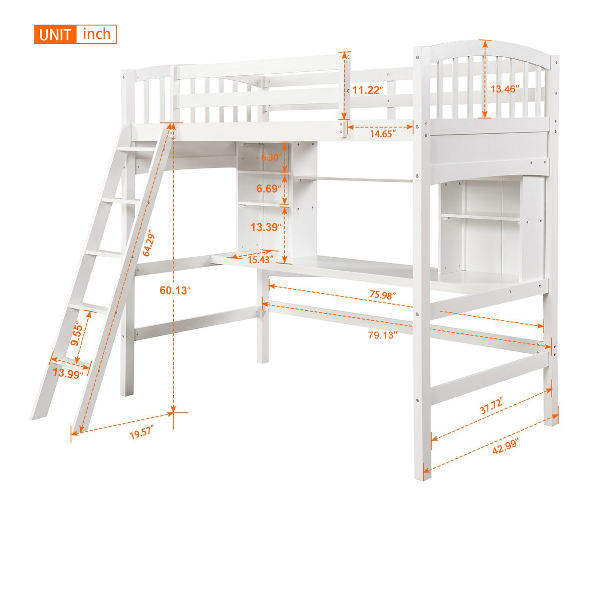 Twin Size Loft Bed With Storage Shelves, Desk And Ladder, White Old Sku :Lp000140Kaa Twin White Solid Wood