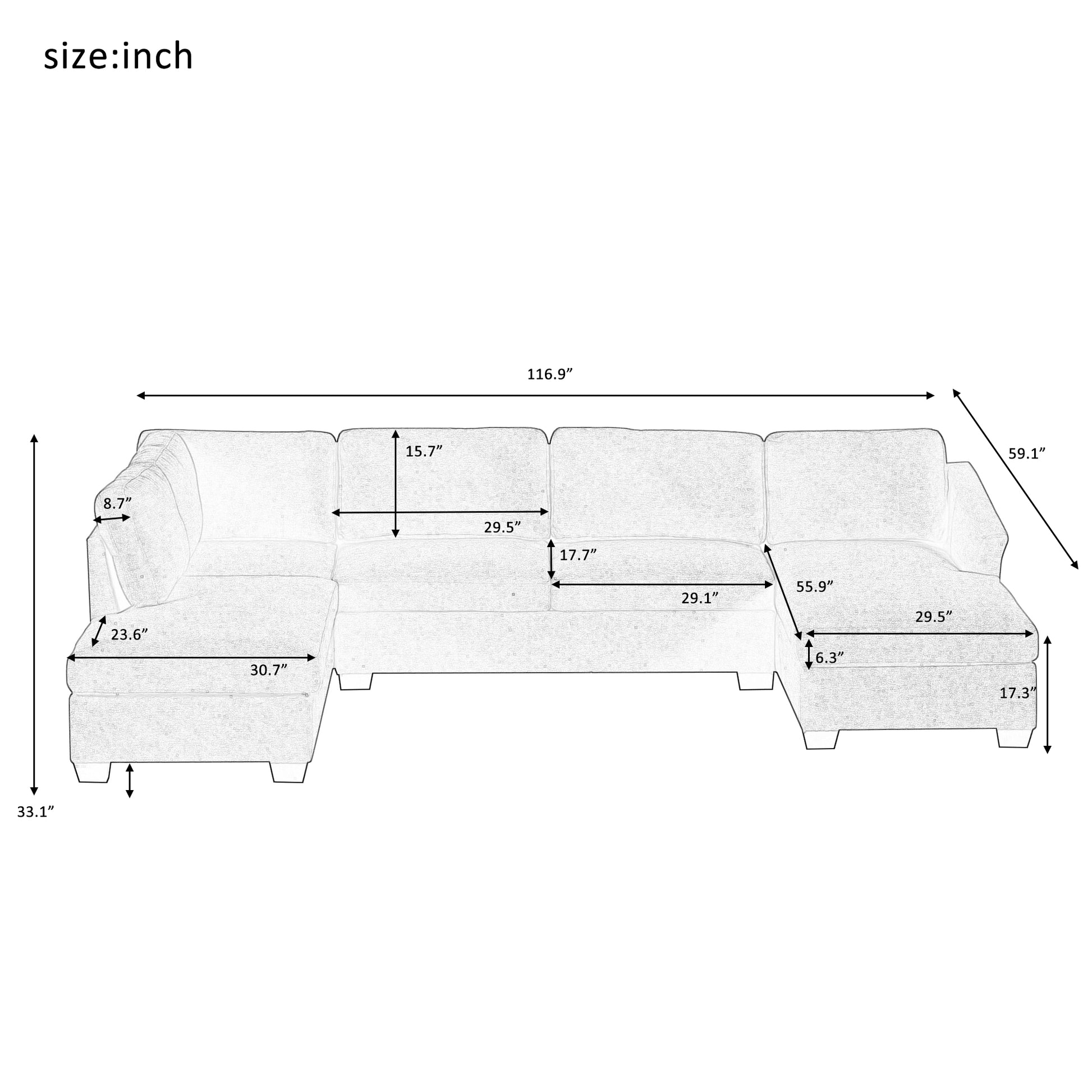 Ustyle Modern Large U Shape Sectional Sofa, Double Extra Wide Chaise Lounge Couch, Grey Gray Polyester