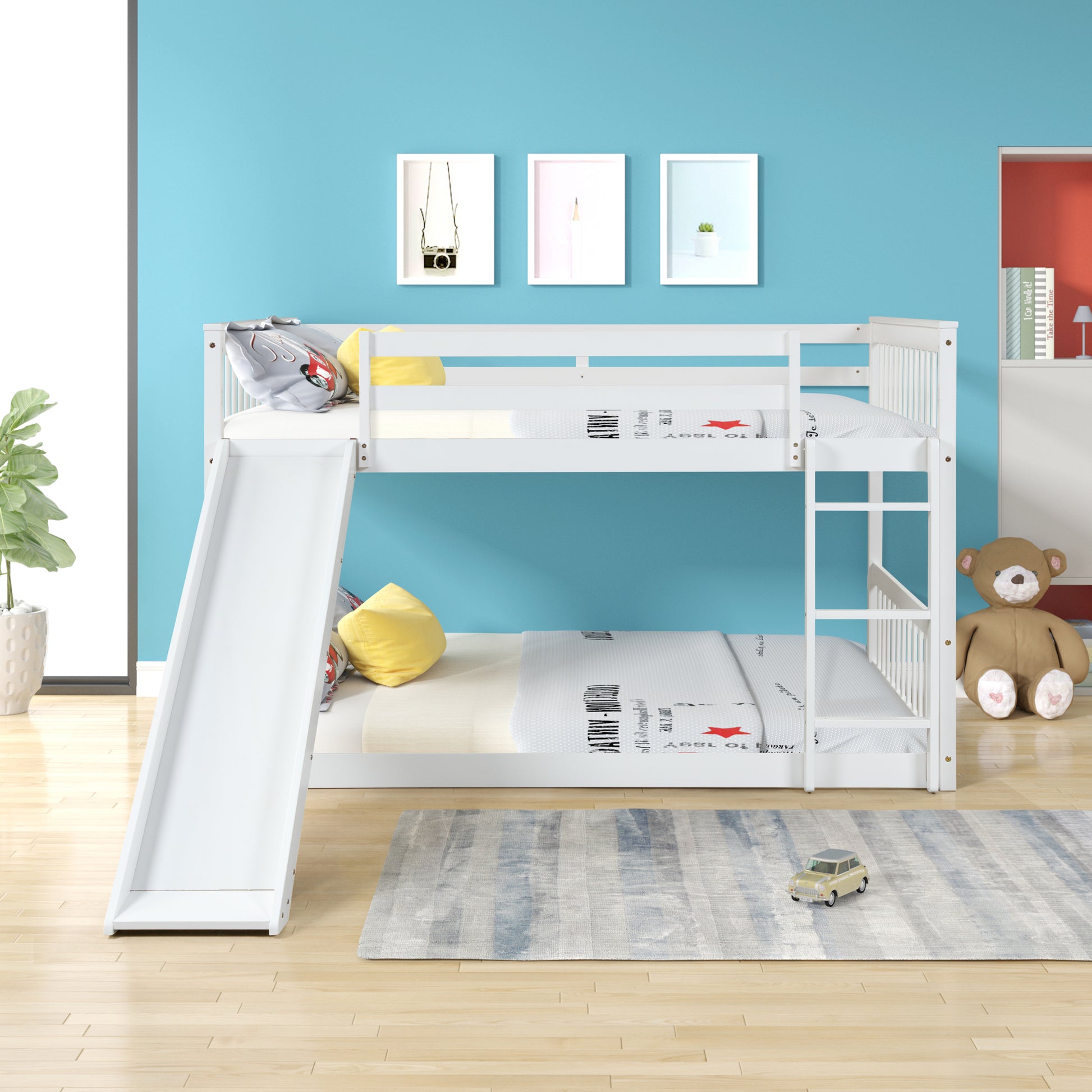 Full Over Full Bunk Bed With Slide And Ladder In White Color White Pine