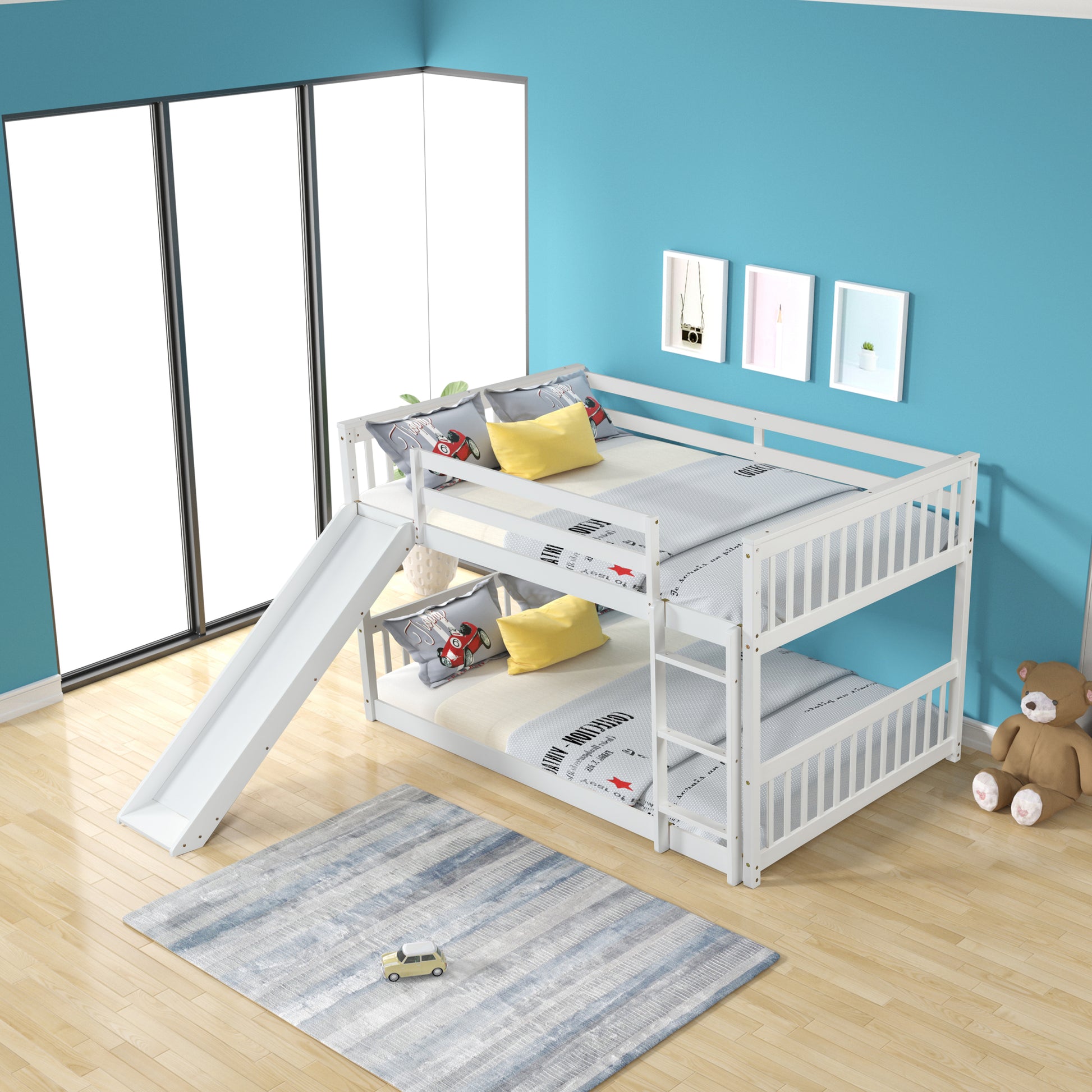 Full Over Full Bunk Bed With Slide And Ladder In White Color White Pine