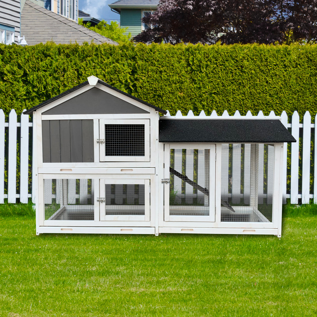 Removable Tray Ramp Wooden Outdoor Rabbit Hutch With Running Cage Gray Foam Metal & Wood