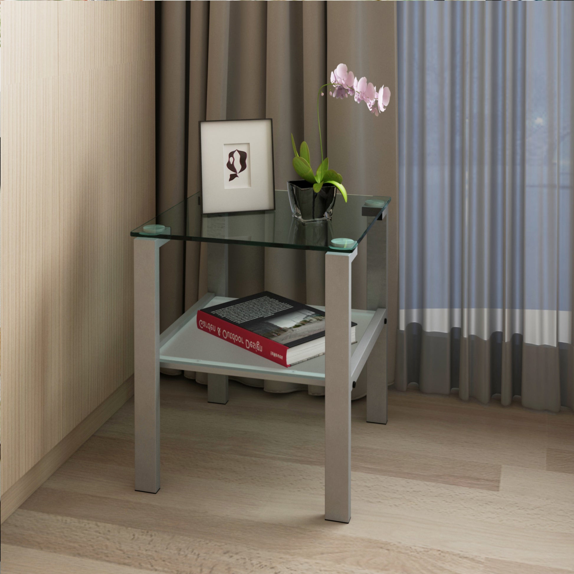 Glass Two Layer Tea Table, Small Round Table, Bedroom Corner Table, Living Room Grey Side Table Gray Glass