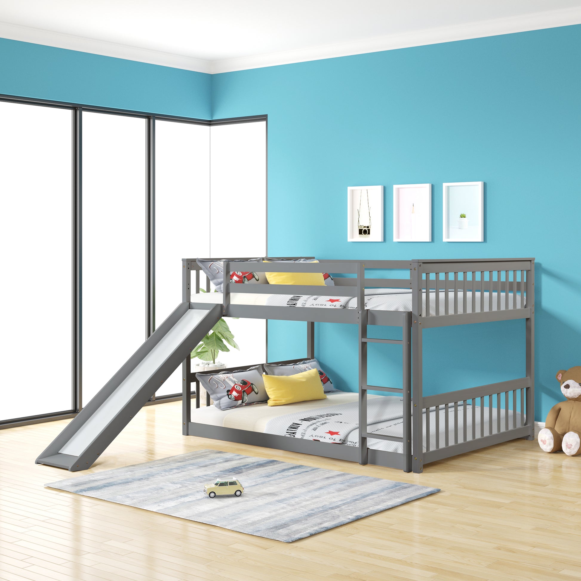 Full Over Full Bunk Bed With Slide And Ladder In Grey Color Grey Pine