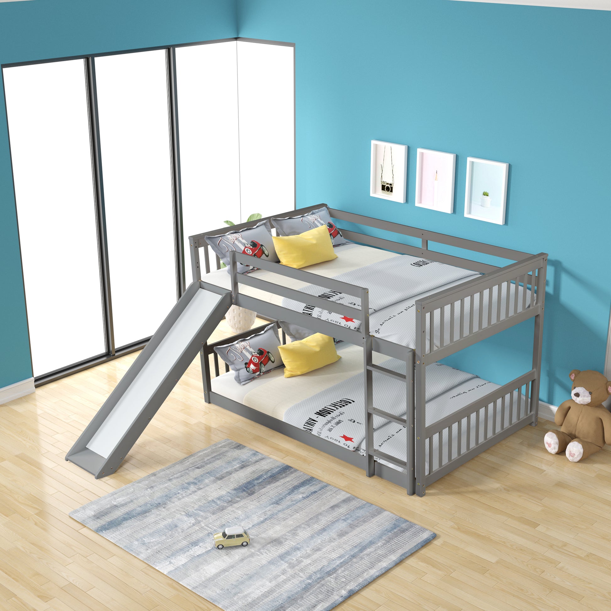 Full Over Full Bunk Bed With Slide And Ladder In Grey Color Grey Pine