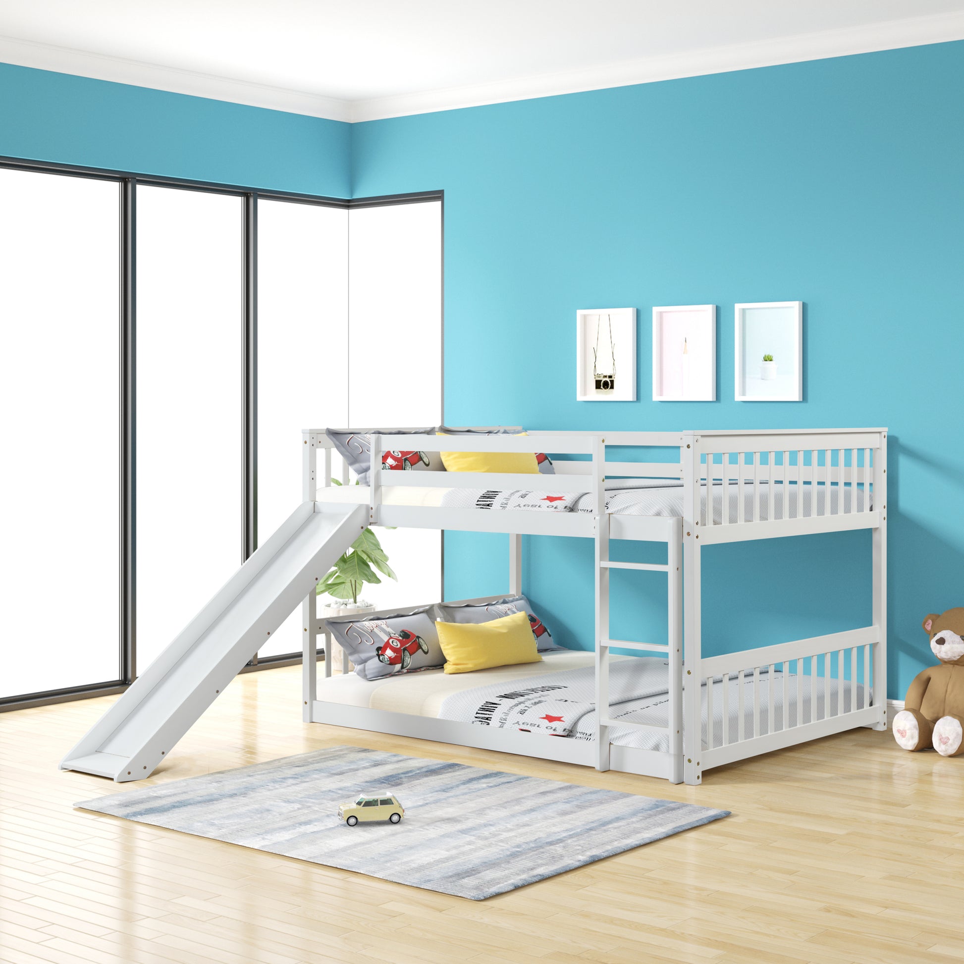 Full Over Full Bunk Bed With Slide And Ladder In White Color White Pine