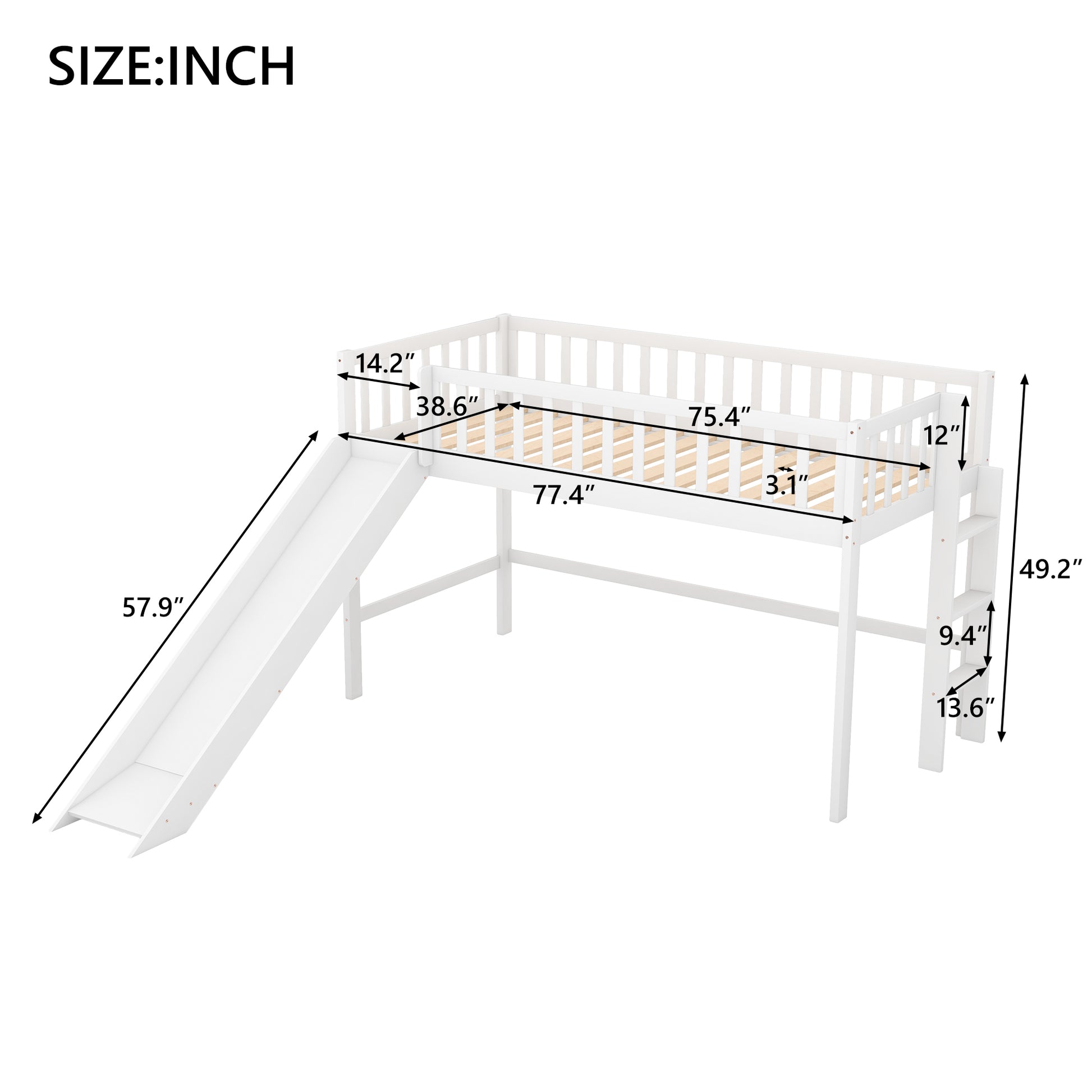 Twin Size Low Loft Bed With Ladder And Slide,White Old Sku:Wf196418Aak White Pine