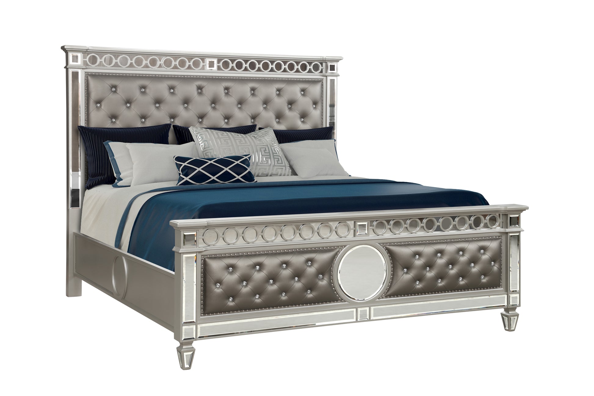 Symphony Modern Style Ringed & Mirror Front Crystal Tufted Upholstery King Bed Made With Wood & Diamond Shaped Legs In Silver Box Spring Required King Silver Wood Bedroom Modern Slat Beds Solid Wood Mdf Polyester Wood